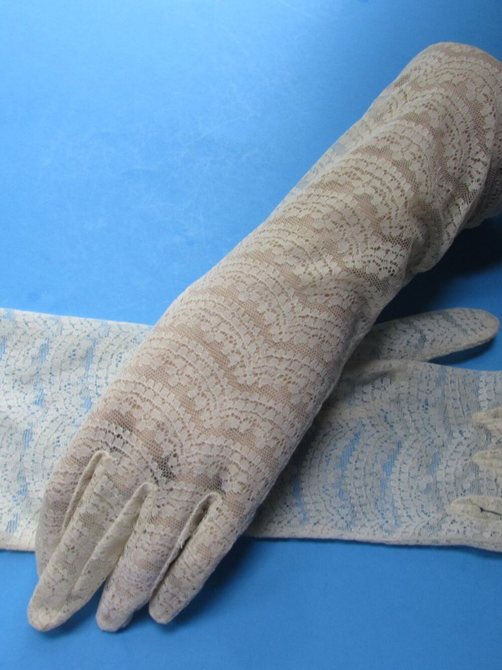 Vintage Formal Gloves Lacy Sheer Below Elbow